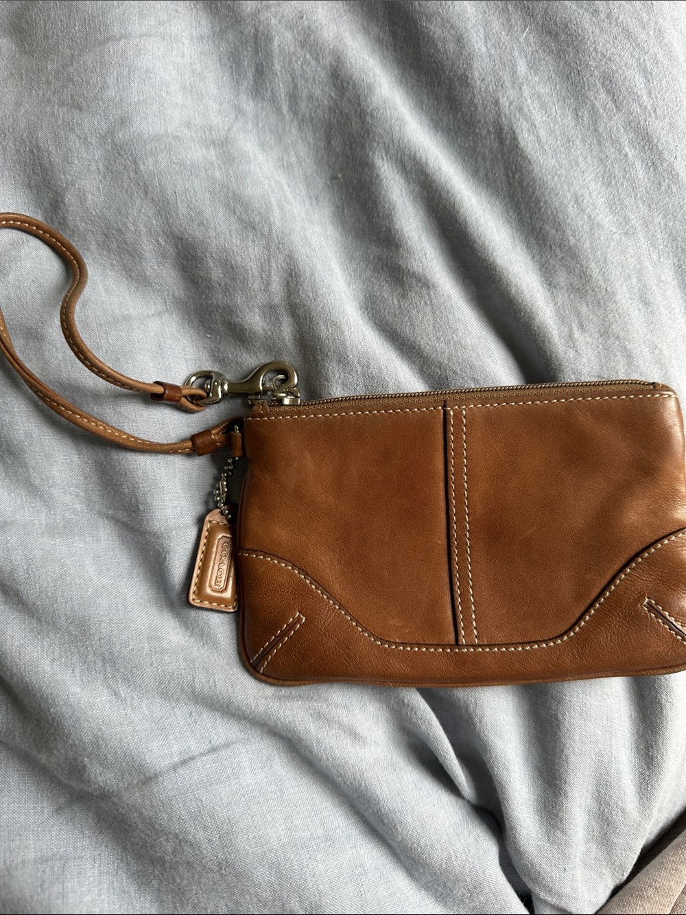 Coach Brown Leather Wristlet corner strap